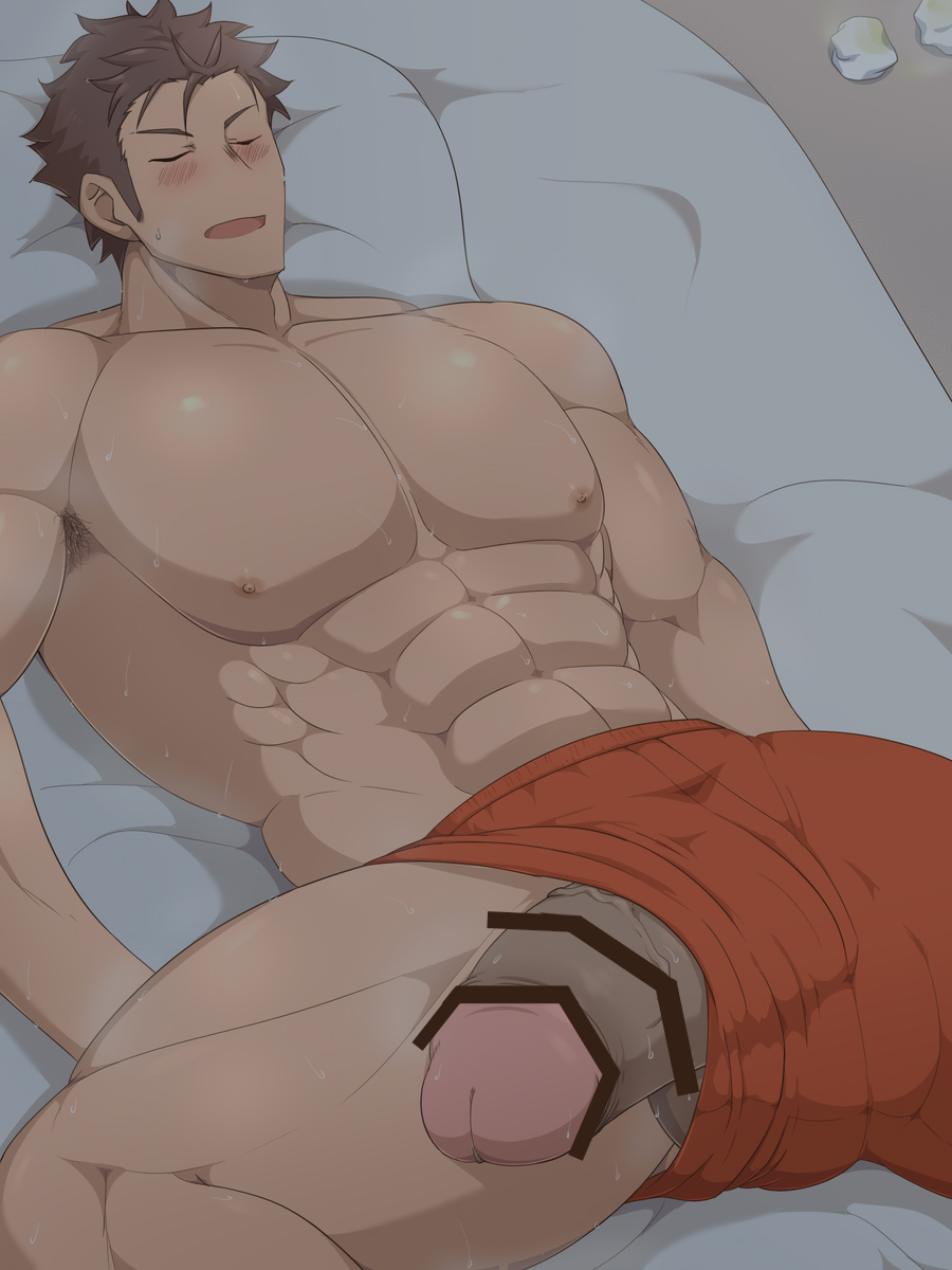 asleep balls bara big_balls big_penis blush closed_eyes flaccid idolmaster idolmaster_side-m kai_(artist) kimura_ryu male_only muscles muscular musk penis sleeping solo solo_male sweat sweating