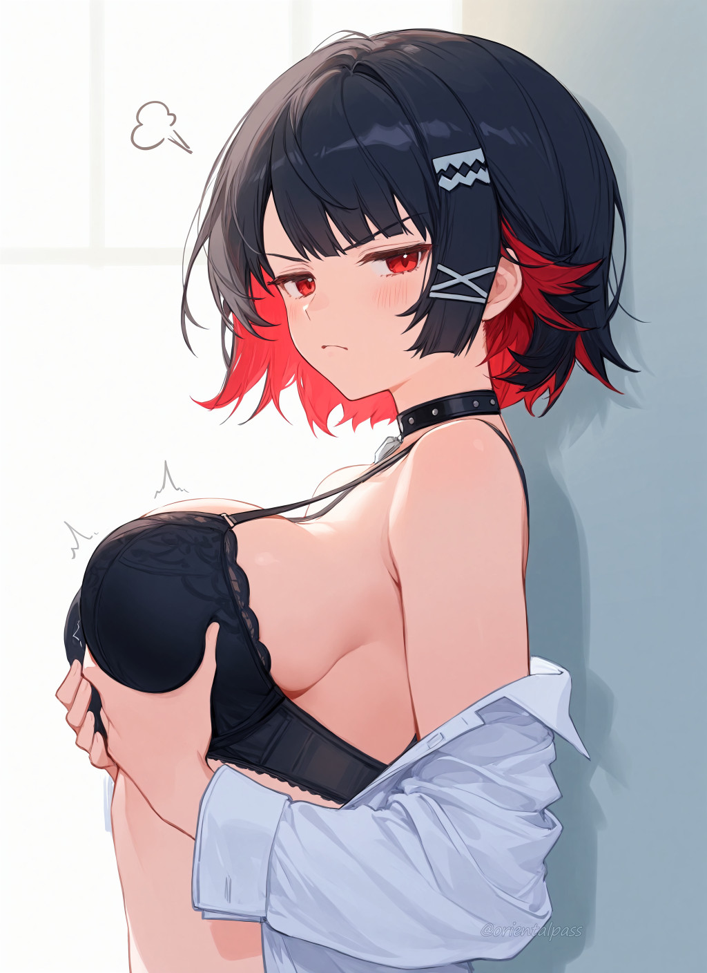 ai_generated annoyed annoyed_expression bare_shoulders black_bra black_hair bra breasts busty cute ellen_joe female hi_res large_breasts looking_at_viewer red_eyes red_hair short_hair sideboob tomboy zenless_zone_zero