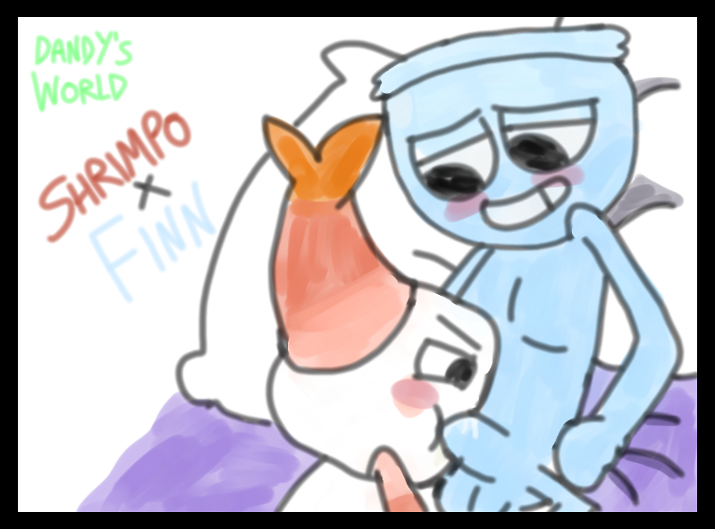 blowjob blushing blushing_male crustacean cum dandy's_world digital_media_(artwork) duo english english_text finn_(dandy's_world) fishbowl gay genital_fluids ibispaintx leaking_cum not_furry privategyre roblox shrimpo_(dandy's_world) text yaoi