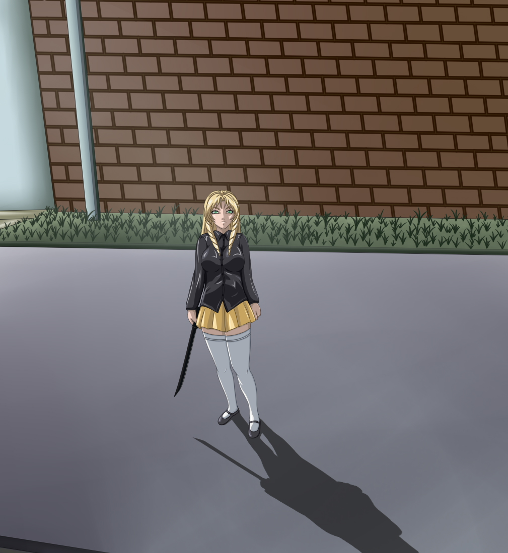 1girls bible_black blonde_hair did_you_tell_your_girlfriend_you_were_coming?_(meme) large_breasts long_hair machete meme neighborhood shiraki_rika street weapon white_socks yandere yellow_skirt