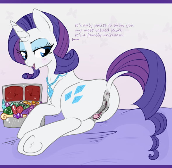 2013 anus blue_eyes blush box clitoris cutie_mark dialog english_text equine female feral friendship_is_magic gem hair horn horse jewelry lulubell lying my_little_pony necklace pony purple_hair pussy rarity_(mlp) solo text unicorn white_fur