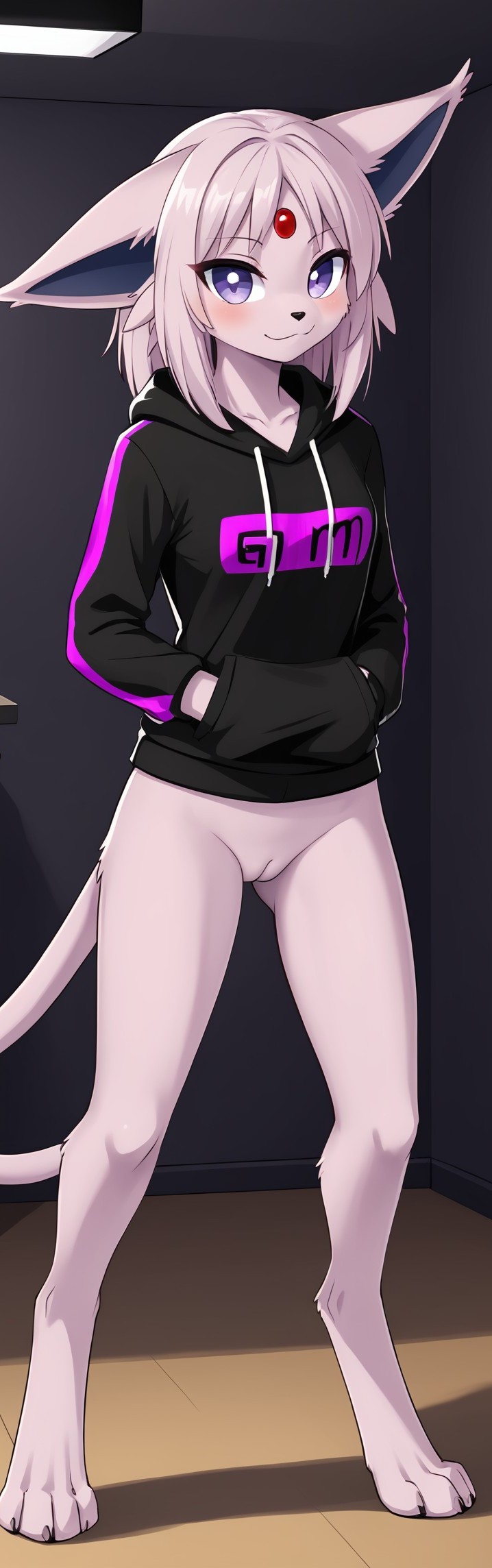 1girls 2024 ai_generated anthro blushing bottomless bottomless_female digitigrade eeveelution espeon female female_only gamer_girl generation_2_pokemon hands_in_pockets hi_res hood_down hoodie indoors innie_pussy looking_at_viewer nintendo pokemon pokemon_(species) purple_eyes pussy smile