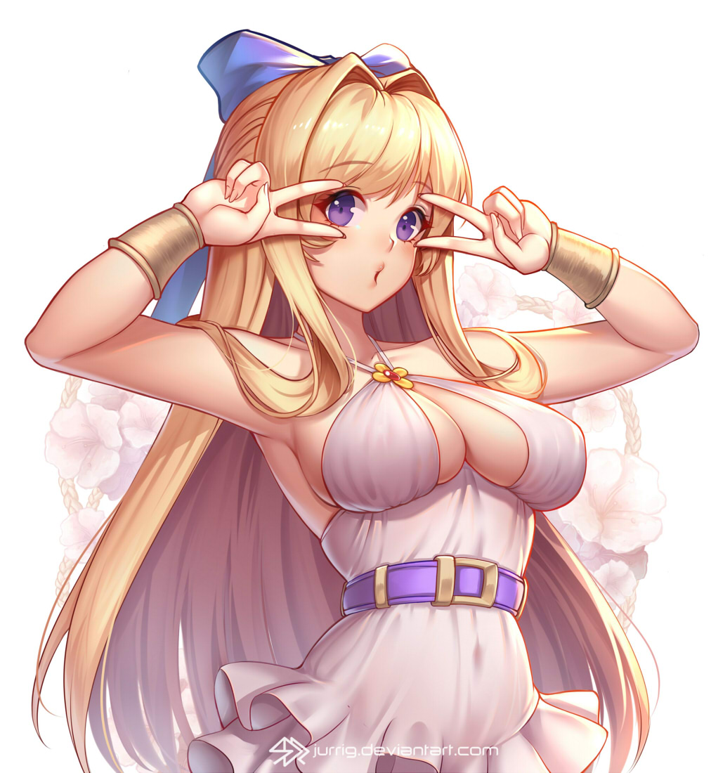 1girls big_breasts blonde_hair breasts dress hair_ribbon jurrig looking_at_viewer ornament peace_sign purple_eyes ristarte_(kono_yuusha_ga_ore_tueee_kuse_ni_shinchou_sugiru) sideboob