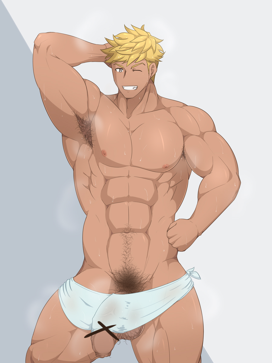 armpit_hair armpits balls bara flaccid granblue_fantasy hand_behind_head kai_(artist) male_only muscles muscular musk penis solo solo_male sweat sweating towel towel_around_waist vane_(granblue_fantasy)