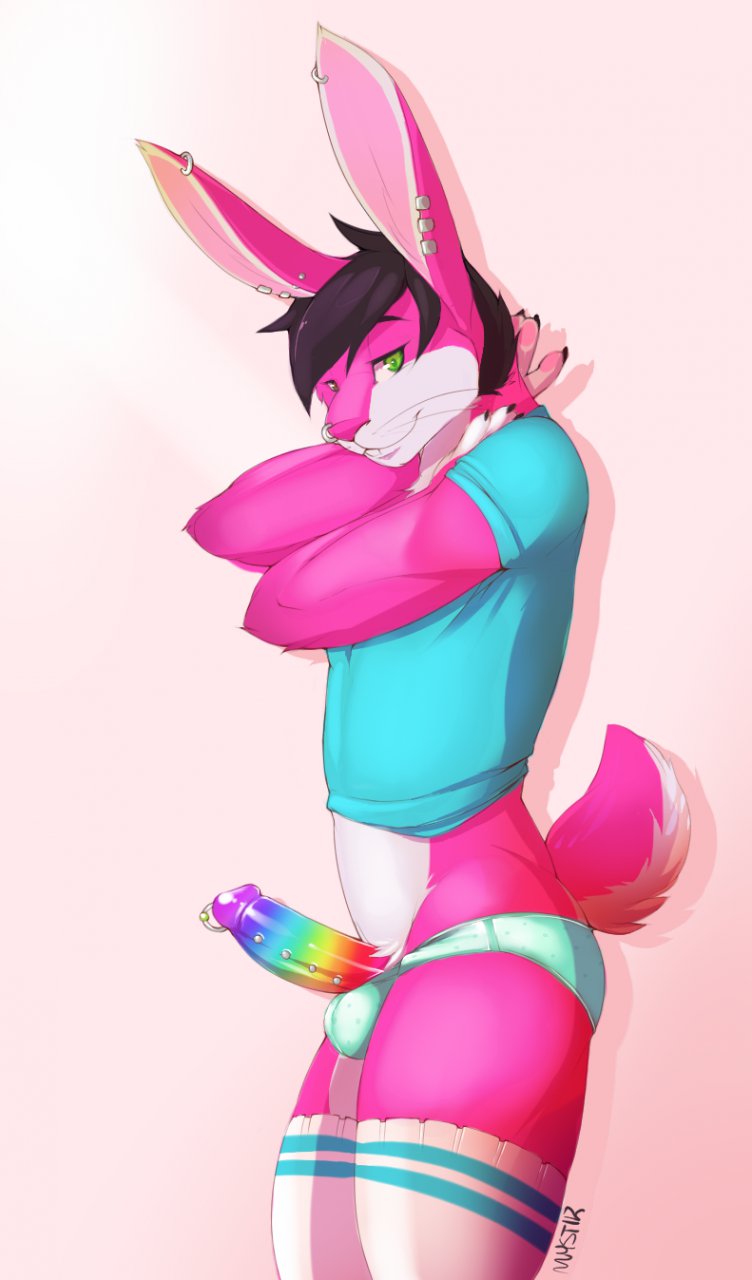 1boy 2013 anthro black_hair blue_shirt claws clothed clothes ear_piercing erection facial_piercing fur furry genital_piercing green_eyes hair lagomorph looking_at_viewer male male_only mystikfox61 nose_piercing penis piercing pink_fur plain_background rabbit rainbow_penis simple_background smile socks solo underwear