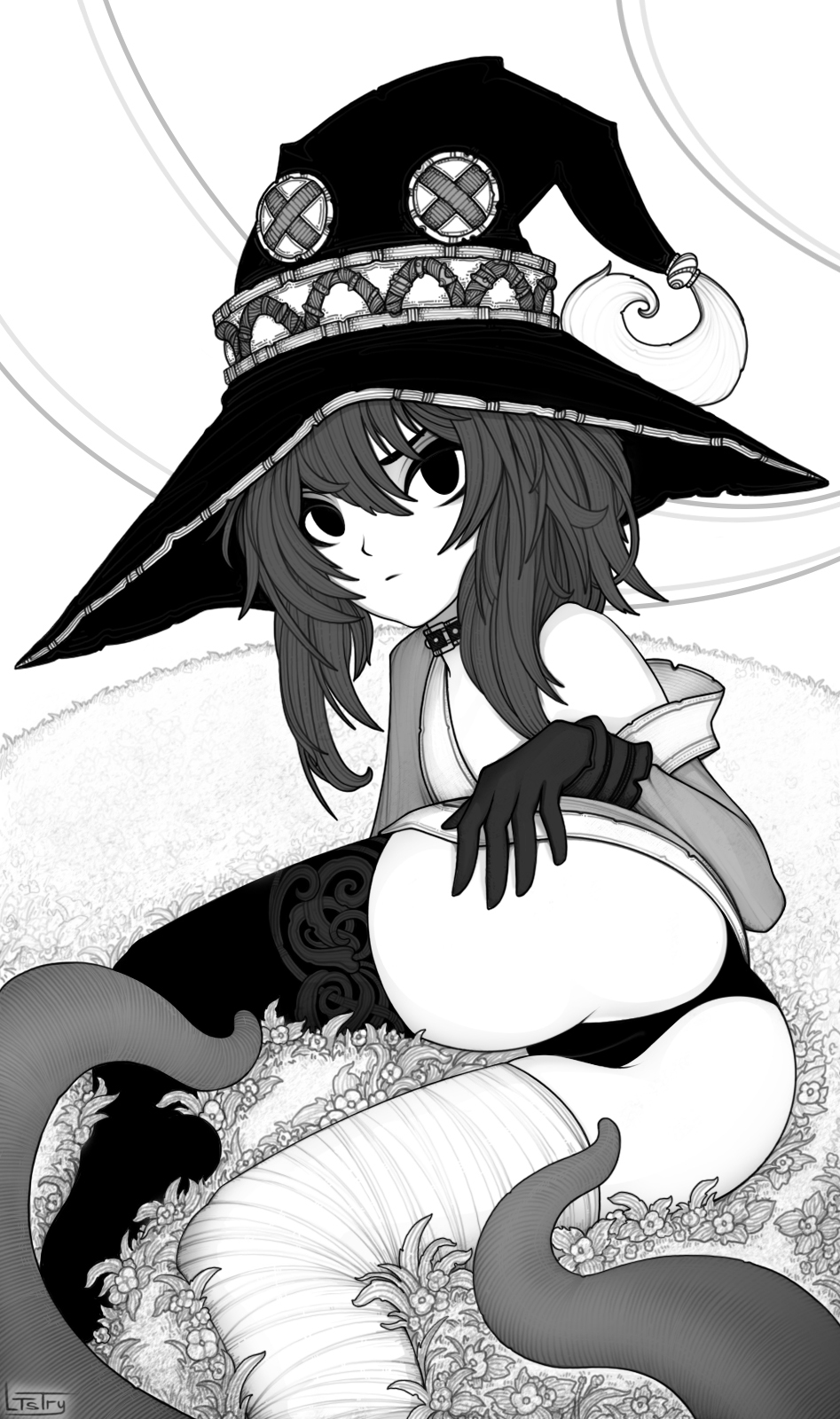 ass ass_focus black_gloves black_hair black_panties black_stockings bondage chocker flower gloves grass kono_subarashii_sekai_ni_shukufuku_wo! ltstry lying_on_ground medium_hair megumin monochrome nature nature_background panties pussy_visible_through_clothes pussy_visible_through_panties stockings tentacle witch_hat