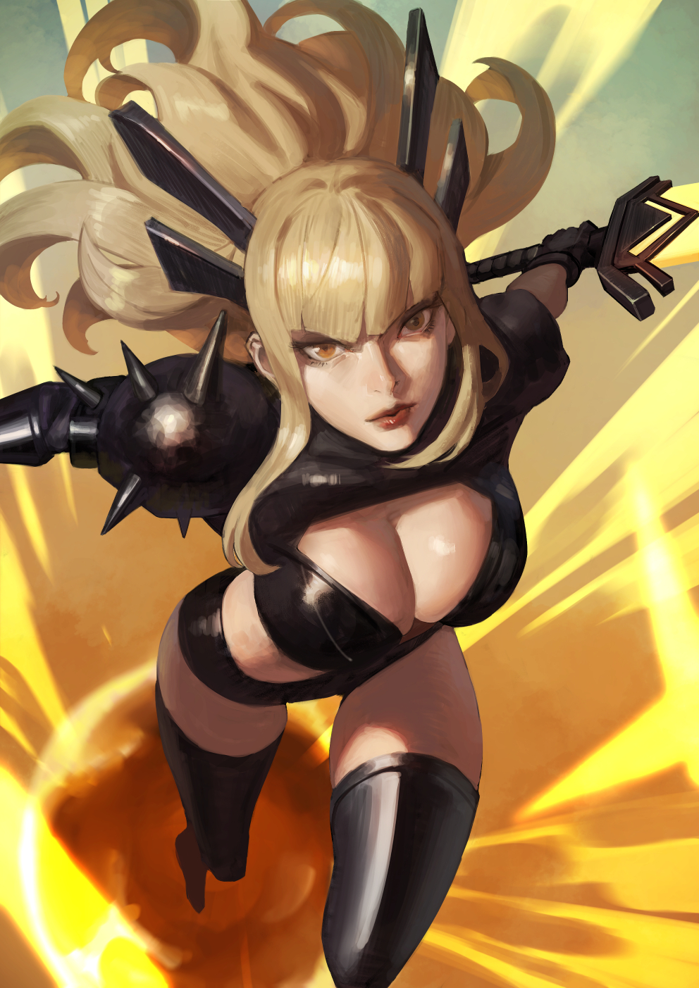 1girls, 2024, 2d, 2d (artwork), action pose, armor, big breasts, blonde hair, breasts, brown eyes, cleavage, dashing, energy, female, female only, fully clothed, light skin, light-skinned female, long hair, looking at viewer, magik (illyana rasputin), magik (marvel rivals), marvel, marvel comics, marvel rivals, melee weapon, phamoz, portal, questionable, sfw, solo, solo female, straight hair, superheroine, superpowers, sword, teleportation, thick thighs, thighhighs, weapon, x-men, zomayuan