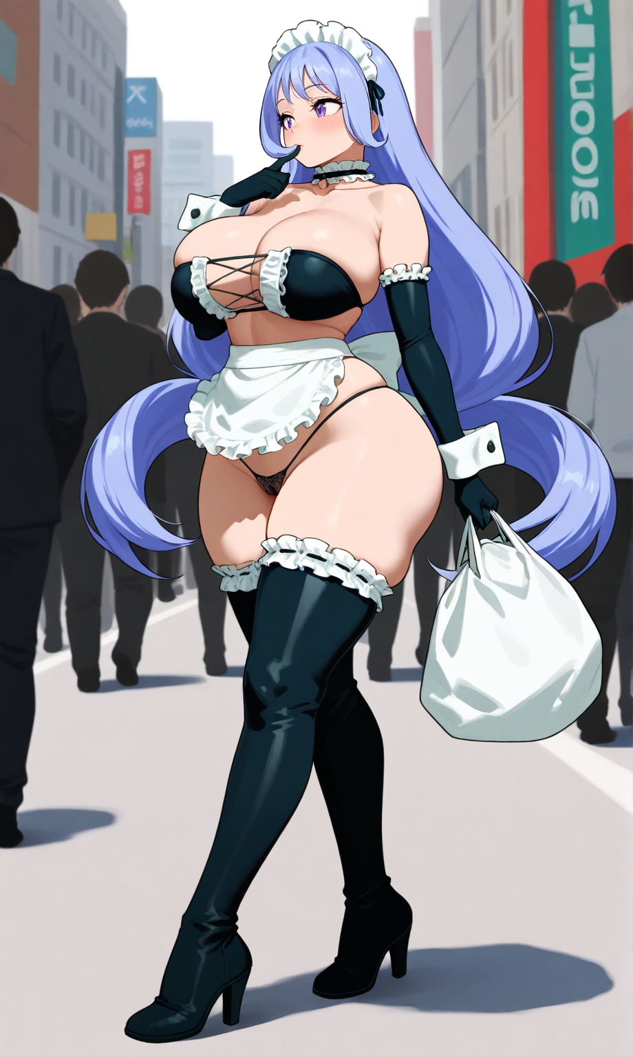 ai_generated apron barely_clothed bikini_top blush breasts breasts_bigger_than_head choker exhibitionism eyepatch_bikini facing_viewer finger_to_chin frills high_heels holding_bag holding_object huge_ass huge_breasts maid maid_headdress massive_breasts my_hero_academia nejire_hado outdoors outside pixai serving_tray shopping smile standing tgm101_(artist) thick_thighs thigh_boots thighhighs thinking thong walking