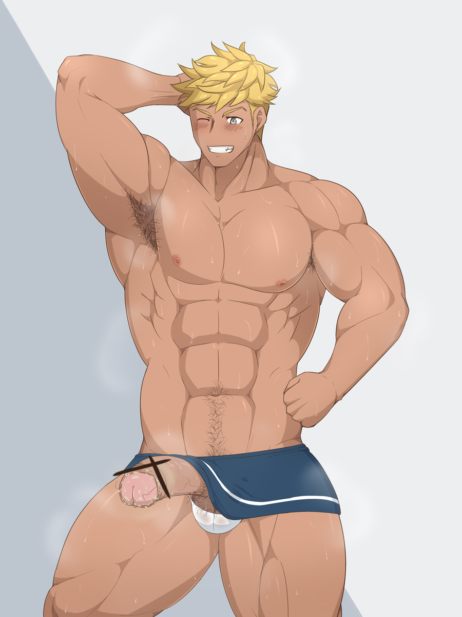 armpit armpit_hair balls bara boner erection granblue_fantasy hand_behind_head kai_(artist) male_only muscles muscular musk penis smegma solo solo_male sweat sweating vane_(granblue_fantasy)