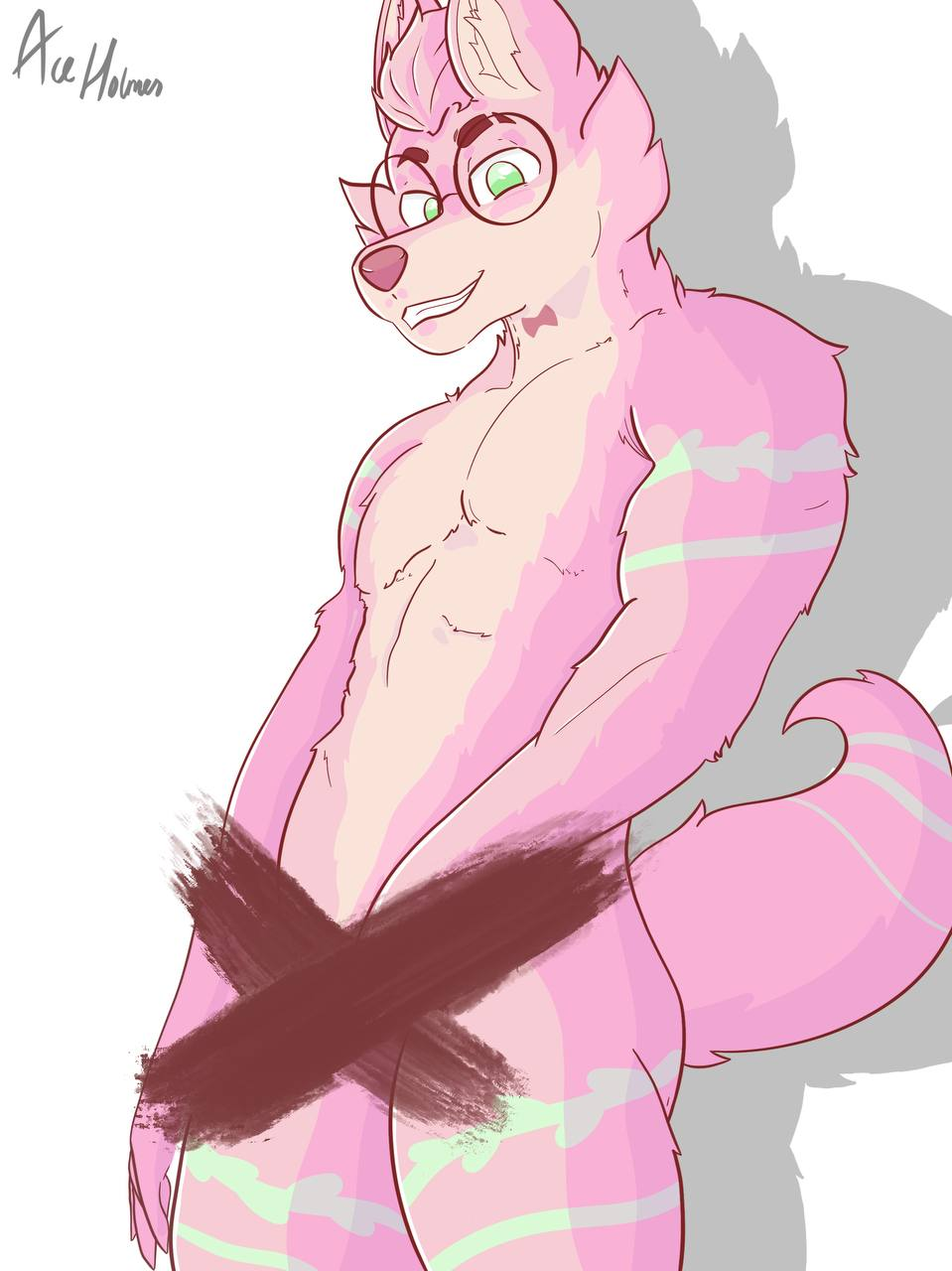 abs ace_holmes ace_holmes_(character) anthro arms canid canine canis censored domestic_dog eyewear flexing genitals glasses hi_res male male/male mammal masturbation pecs penis smile smirk solo sparklefur teasing