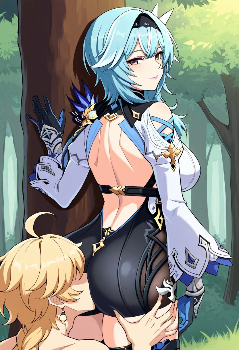 aether_(genshin_impact) ai_generated ass ass_grab ass_kiss ass_on_face ass_worship backless_outfit blue_lipstick blush breasts curvy eula_(genshin_impact) face_in_ass fat_ass female_domination from_side genshin_impact hips_grab huge_ass huge_breasts kissing_ass leaning licking_ass medium_breasts outdoors shiny_skin sniffing_ass standing stockings thick_thighs thigh_grab tree wide_hips