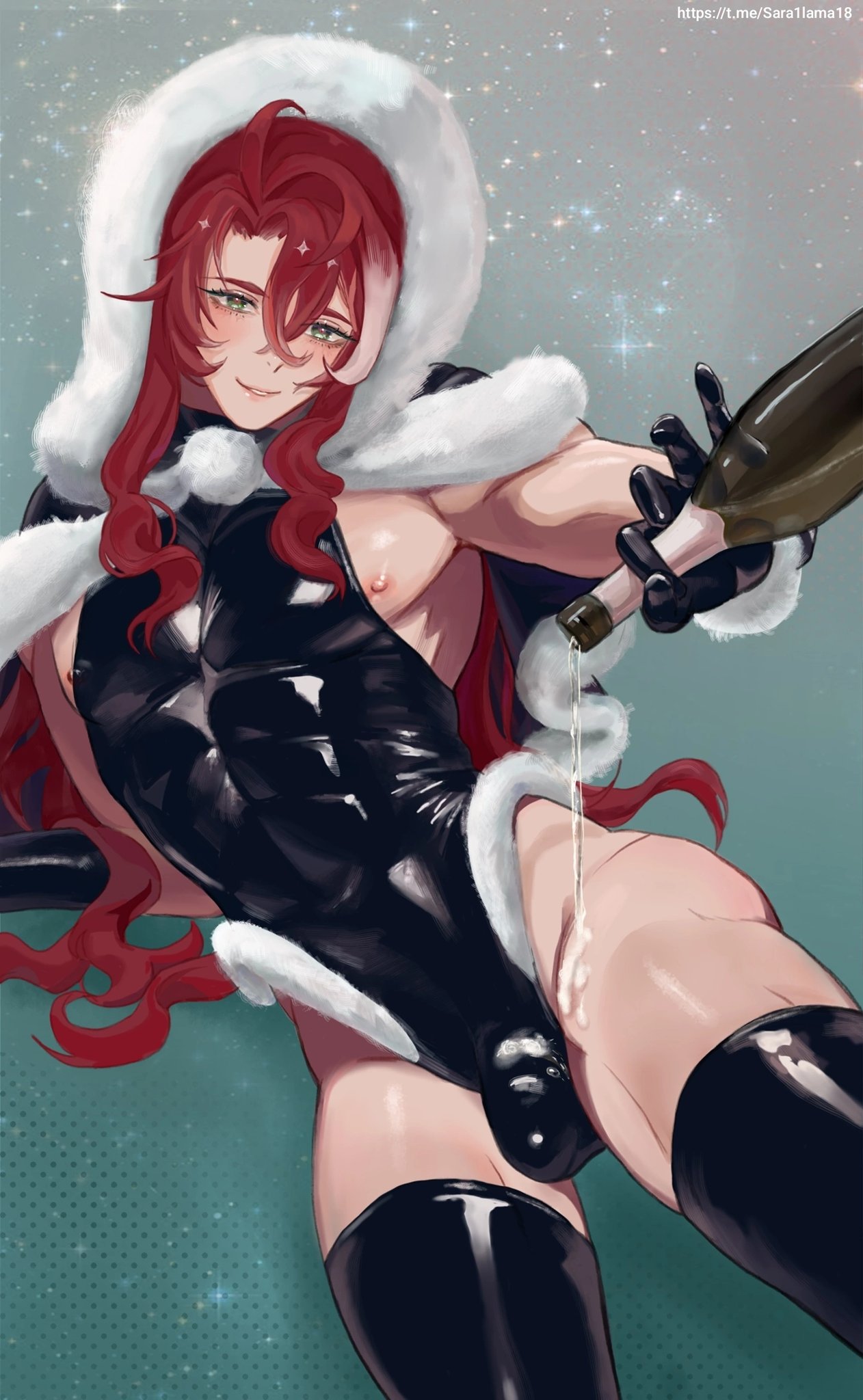 1boy abs argenti_(honkai:_star_rail) bishonen blush celebration champagne cock curly_hair dick digital_art digital_drawing_(artwork) digital_media digital_media_(artwork) drink exposed_breasts exposed_nipples exposed_thighs eye_contact feminine festive fur glove gloved_hands gloves green_eyes honkai:_star_rail honkai_(series) hood hood_up human latex latex_bodysuit latex_clothing latex_gloves latex_legwear latex_stockings latex_suit latex_thighhighs laying_down laying_on_side light-skinned_male light_skin long_hair male male_focus male_only new_year penis pouring pouring_on_penis pouring_on_self pov_eye_contact pretty_boy red_hair shiny shiny_clothes six_pack smile solo solo_femboy solo_focus solo_male sparkles spread_legs spreading thick_thighs thighhighs thighs winter winter_clothes