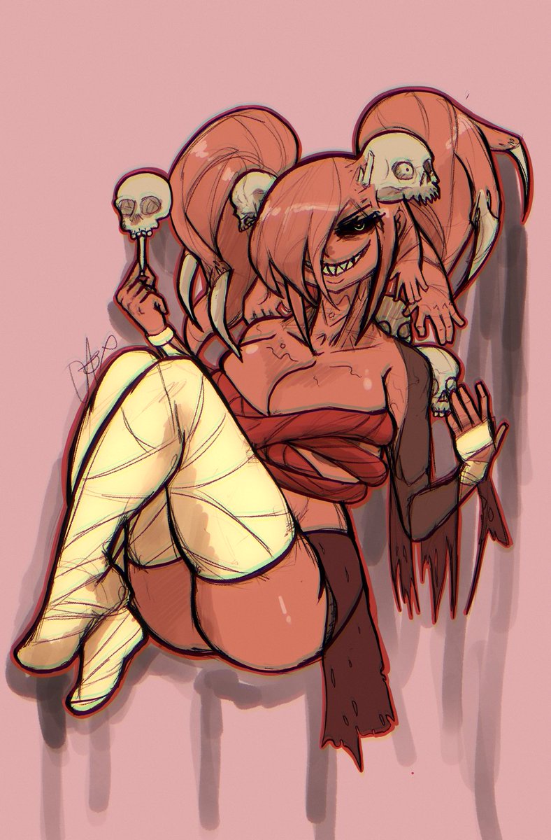 bandages big_breasts black_eyes bone_claws claws demon_girl fat_ass female_focus female_only lion_cloth monster_girl red_skin rope rose_dax rosededax sharp_teeth skulls the_dredge_(dead_by_daylight)