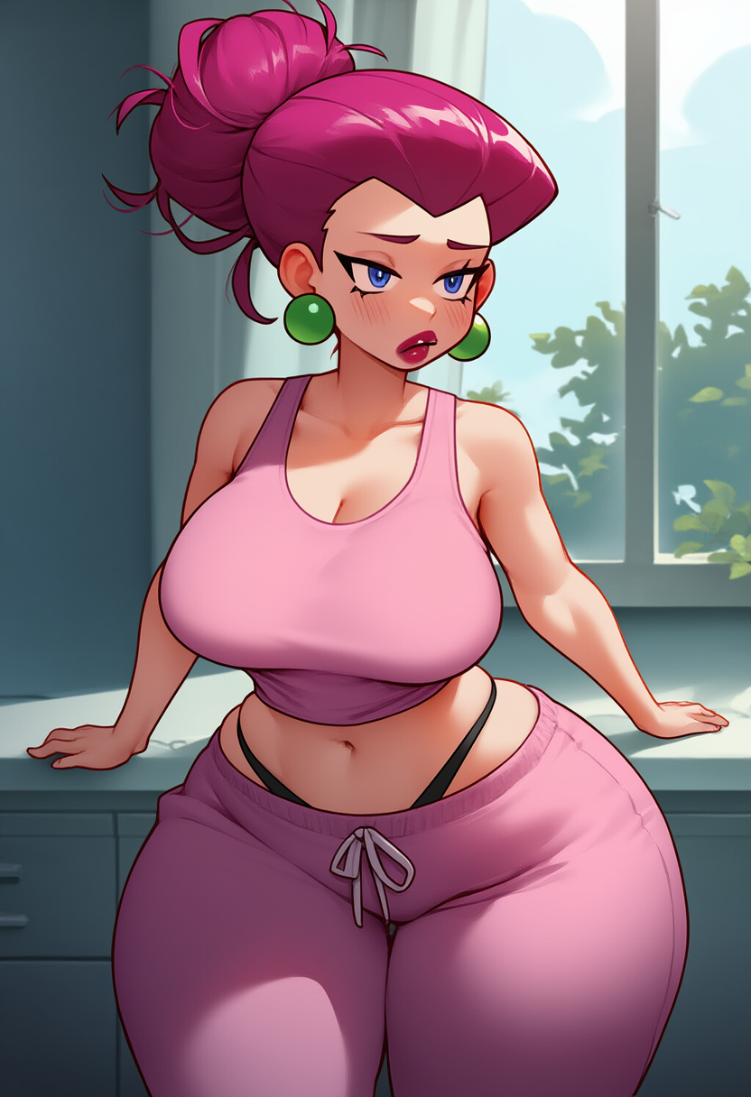 ai_generated big_lips eyeliner jessie_(pokemon) large_ass large_breasts lipstick lubbasdump magenta_hair midriff morning pajama_pants sleepy tank_top wide_hips