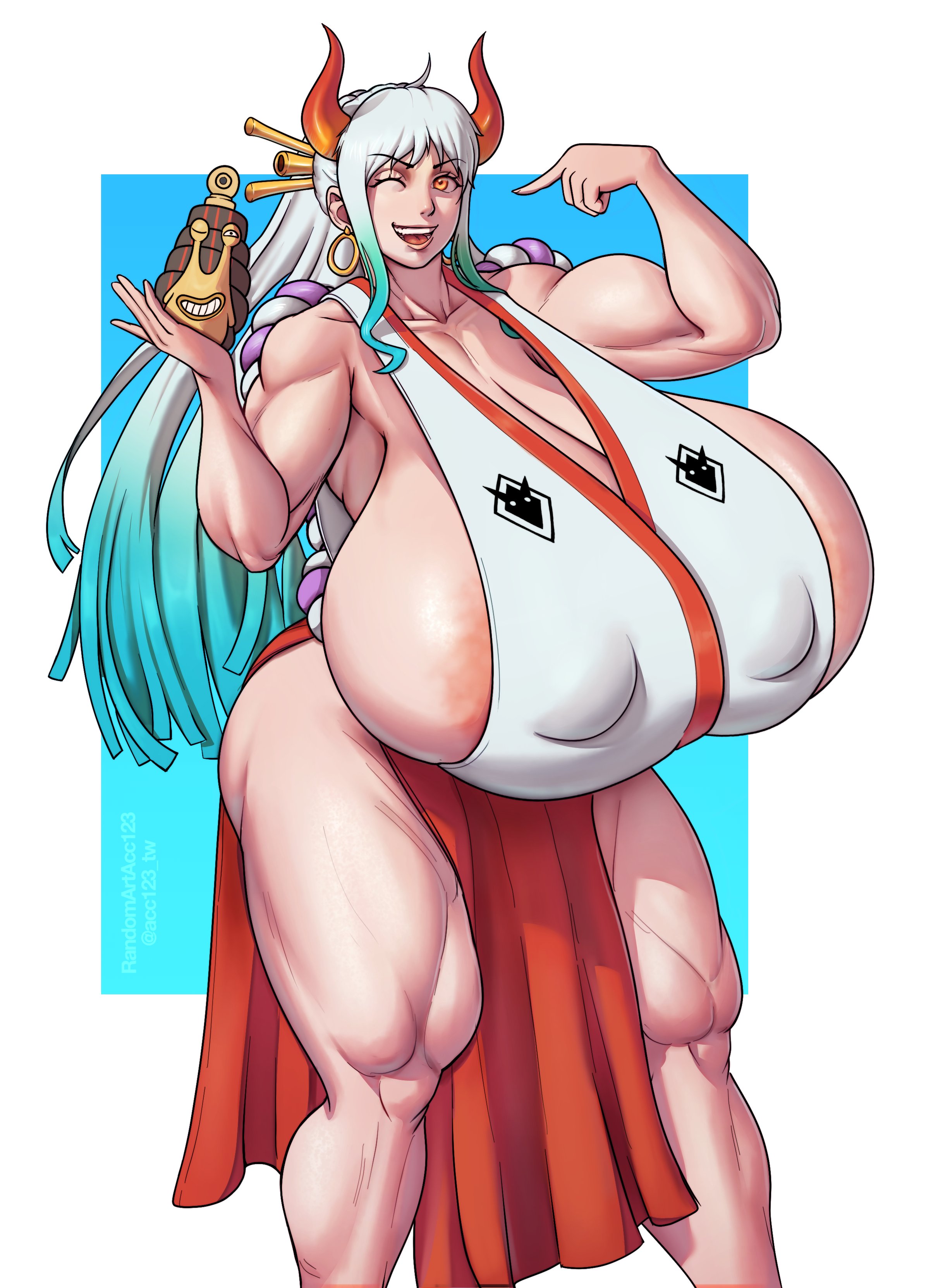 1cuntboy, alternate ass size, alternate body type, alternate breast size, alternate breast size (larger), breasts, breasts bigger than head, cleavage, cunt, curvy, dendenmushi, earrings, enormous breasts, female, female only, hips, horns, japanese clothes, looking at viewer, multicolored hair, muscular, one piece, oni, oni horns, open mouth, orange eyes, oy, randomartacc123, smile, snail, waist not visible, wide hips, wink, yamato (one piece)