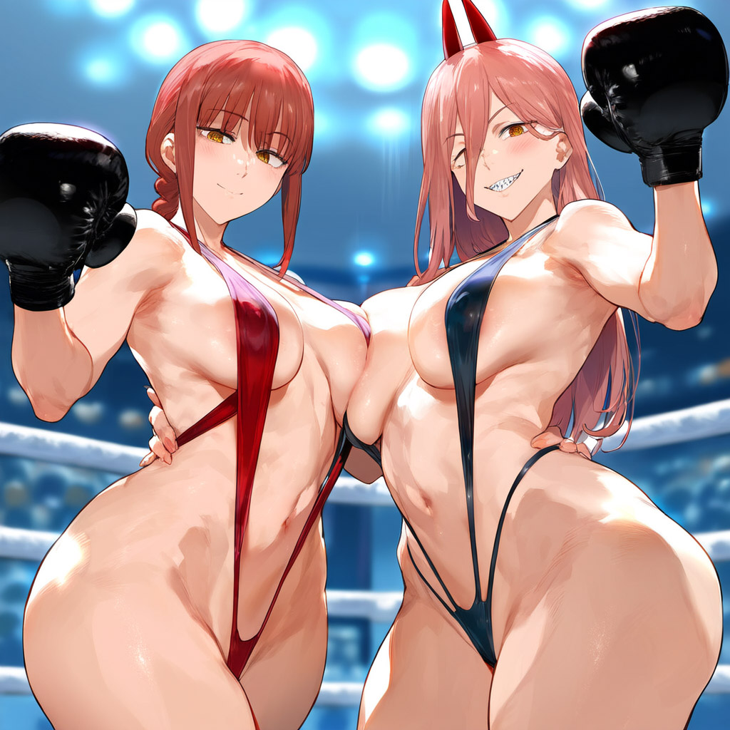 2girls ai_generated alternate_breast_size bangs bikini black_legwear blush boxing_gloves boxing_ring braid braided_ponytail breast_press breasts catfight chainsaw_man collarbone cover cover_page curvy depressu doujin_cover dual_persona eyebrows_visible_through_hair female female_only holding_hands horns huge_breasts light_smile long_hair looking_at_viewer makima_(chainsaw_man) micro_bikini multiple_girls oni pink_hair power_(chainsaw_man) ringed_eyes sex_battle sling_bikini smile sweat swimsuit thiccwithaq_(ai_style) thick_thighs thighhighs thighs white_bikini yellow_eyes