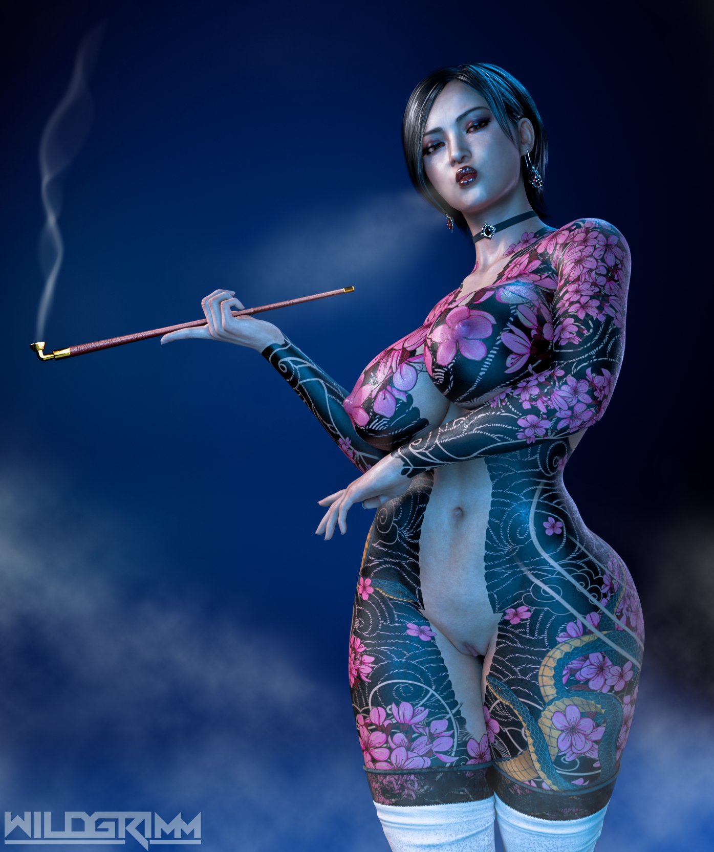 1girls, 3d, ada wong, asian, asian female, big breasts, black hair, breasts, capcom, female, female only, irezumi, nipples, nude, pipe, pussy, resident evil, smoking, solo, tattoo, thick thighs, wildgrimm, yakuza tattoo