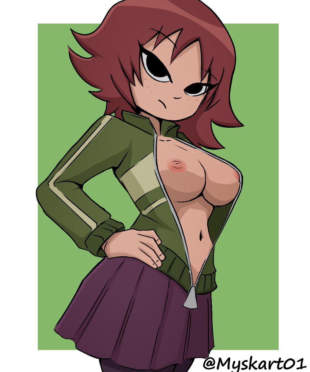 1girls black_eyes breasts female freckles hand_on_hip kim_pine myskart open_clothes open_jacket partially_clothed red_hair scott_pilgrim short_hair solo solo_female