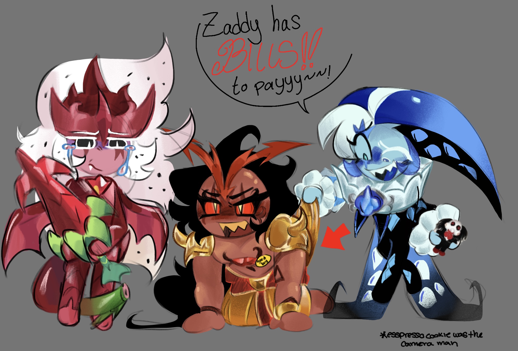 anal, burning spice cookie, cookie run, cookie run kingdom, dialogue, doll, open mouth, pitaya dragon cookie, shadow milk cookie, simple background, text, tongue