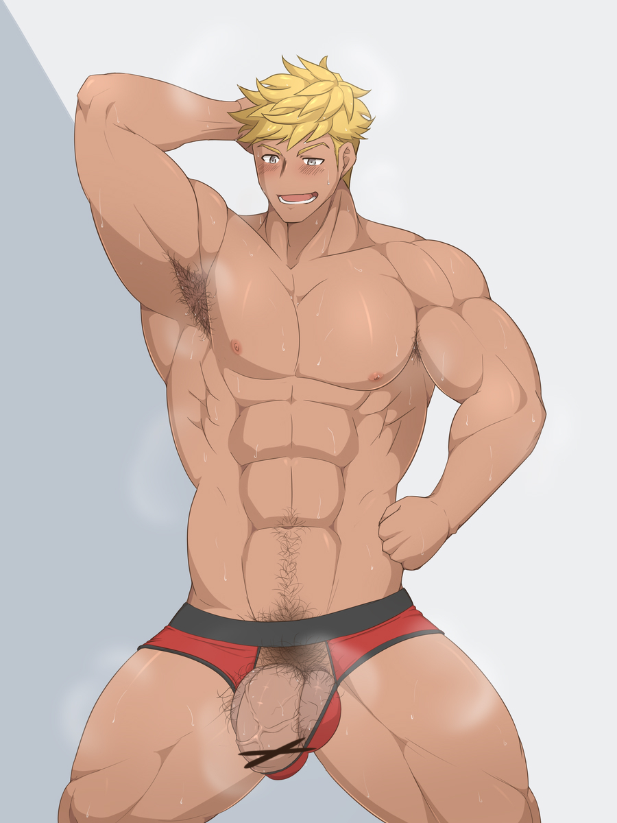 armpit armpit_hair balls bara bulge flaccid granblue_fantasy hand_behind_head kai_(artist) male_only muscles muscular musk penis solo solo_male sweat sweating underwear vane_(granblue_fantasy)