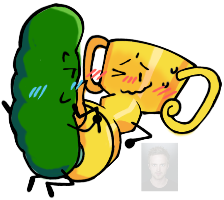 2boys blue_penis blush colored gold_penis inanimate_insanity male/male male_penetrating male_penetrating_male pickle_(ii) smirk smirking sweat trophy_(ii) white_background