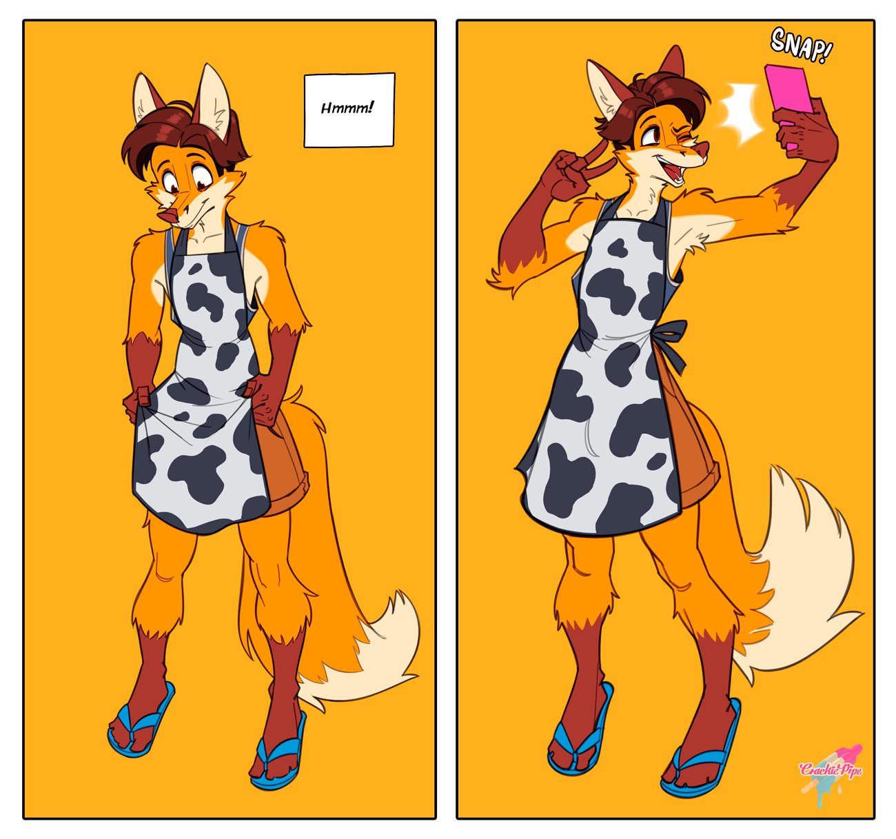 anthro apron armpit_hair bulge bulge_through_clothing cow_print crackiepipe crackiepipe_(character) fluffy fox fox_ears fox_form furry natural_form peace_sign pre_transformation sandals selfie shorts tank_top