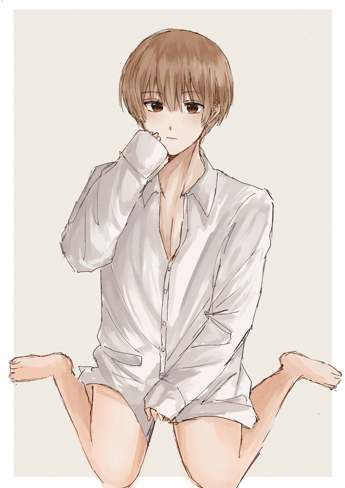 bottomless brown_eyes brown_hair dress_shirt expressionless full_body gintama kanaaaa606 light_brown_hair looking_at_viewer male male_only okita_sougo pale-skinned_male pale_skin sitting sleeves_past_wrists solo twink wariza