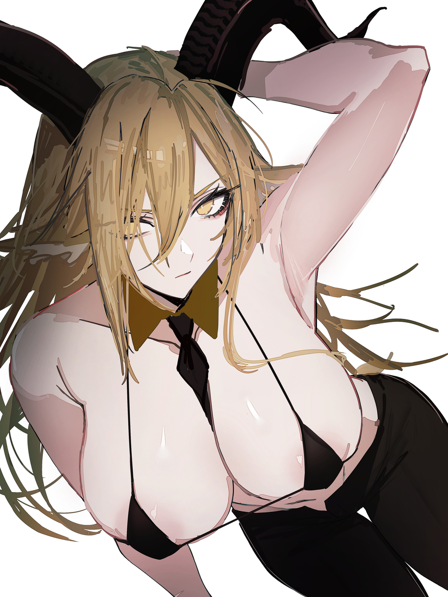 arknights bikini bikini_top blonde_hair breast_focus breasts degenbrecher_(arknights) female goat_girl goat_horns large_breasts long_hair looking_up massive_breasts micro_bikini necktie nipple_bulge pants tie tie_between_breasts vxdrq