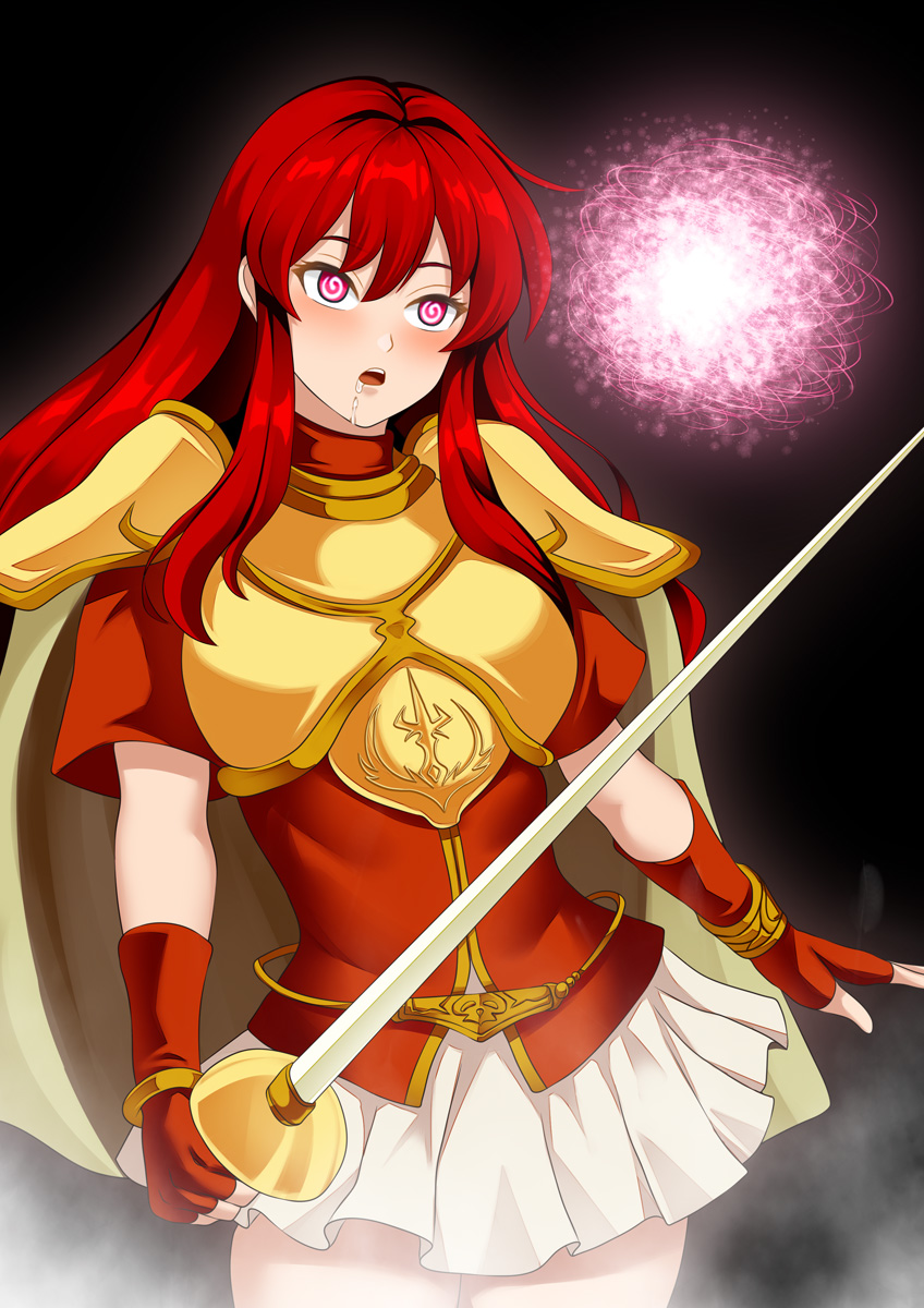 1girls @_@ armor bare_arms bare_thighs belt black_background breastplate breasts cape corruption drooling eirika_(fire_emblem) empty_eyes female female_only femsub fingerless_gloves fire_emblem fire_emblem:_the_sacred_stones gloves glowing haryudanto holding holding_weapon long_hair magic medium_breasts mind_control miniskirt nintendo open_mouth orb red_eyes red_hair saliva saliva_trail shirt short_sleeves shoulder_pads skirt solo steam sword thick_thighs thighs transformation very_long_hair weapon