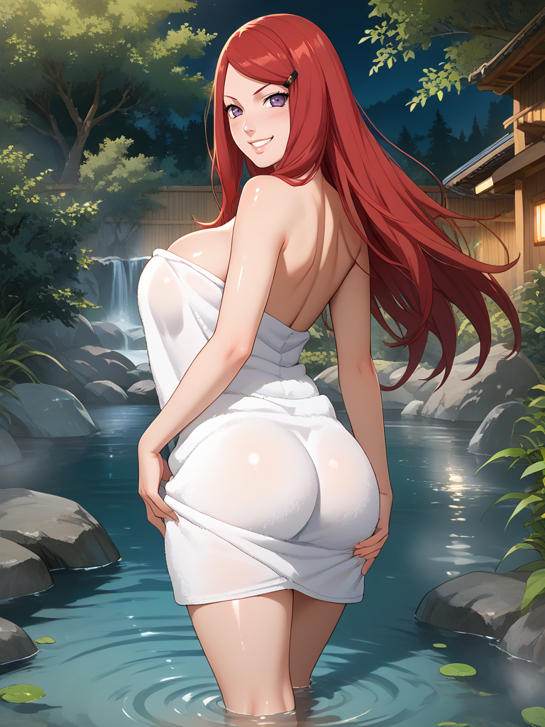 ai_generated ass ass_grab breasts grabbing_own_ass hot_spring huge_ass huge_breasts isogil long_hair looking_at_viewer looking_back naruto naruto_(series) naruto_shippuden onsen purple_eyes red_hair standing_in_water towel uzumaki_kushina water wet