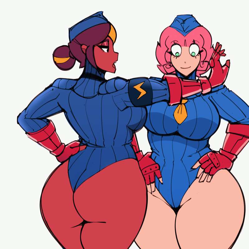 2girls big_breasts cdlum chocolate_and_vanilla dat_ass leaning_on_wall maple_(cdlum) multiple_girls pear_(cdlum) pink_hair shadaloo_dolls stewardess thick_ass thick_thighs