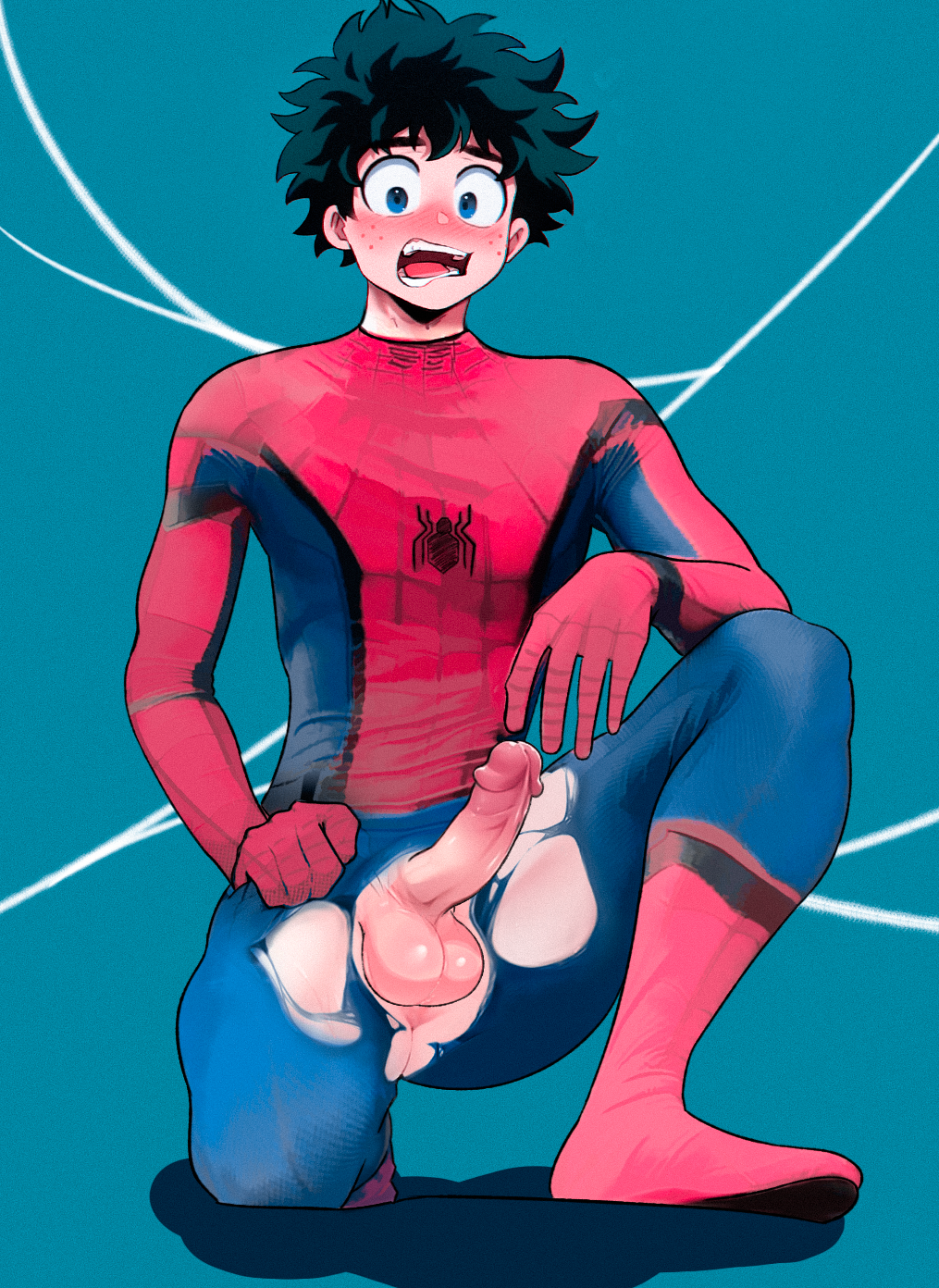 1boy ai_generated blush bodysuit cosplay crossover crossover_cosplay deku erect_penis erection human human_only izuku_midoriya light-skinned_male light_skin male male_only marvel marvel_comics my_hero_academia noyr penis spider-man spider-man_(cosplay) spider-man_(series) testicles torn_bodysuit torn_clothes