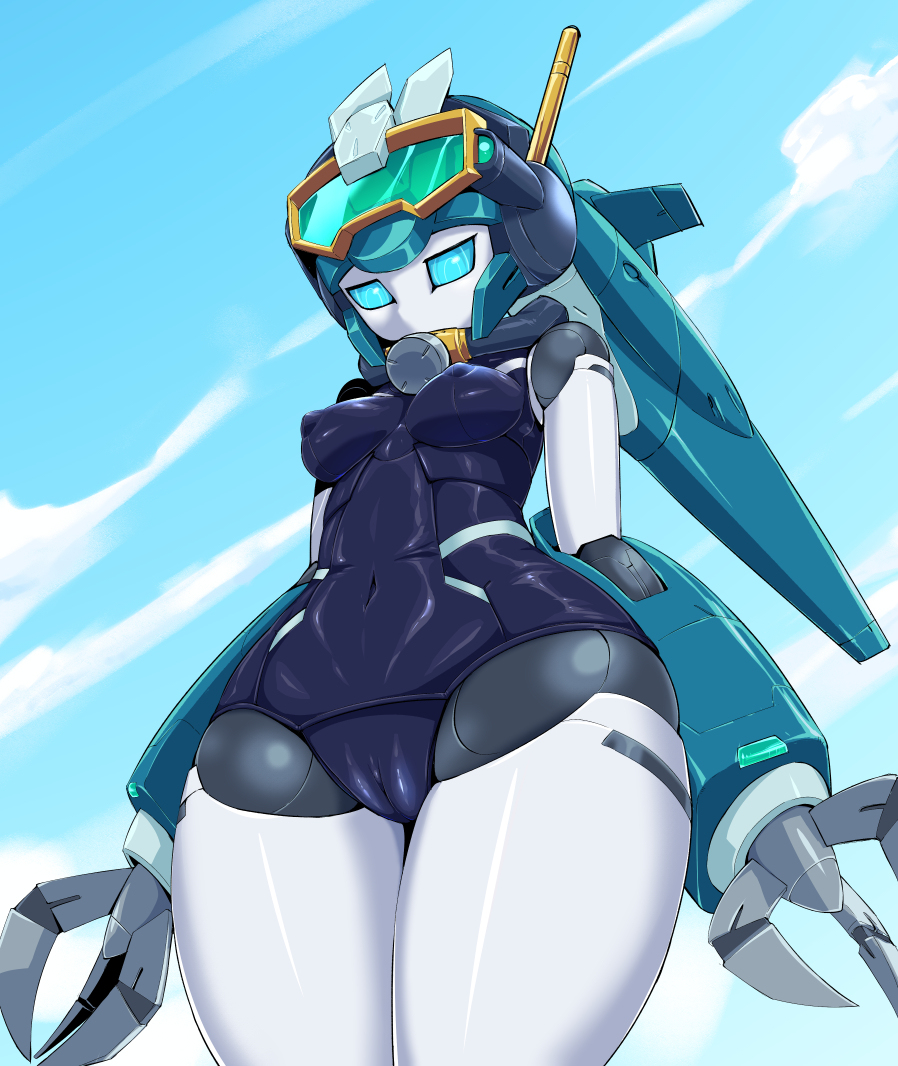 1girls android aqua_eyes breasts cameltoe erect_nipples erect_nipples_under_clothes female glasses hybrid looking_down motoroid_mallillin nipples no_mouth one-piece_swimsuit outdoors pochincoff robot robot_girl robot_neoanthropinae_polynian sky swimsuit underboob