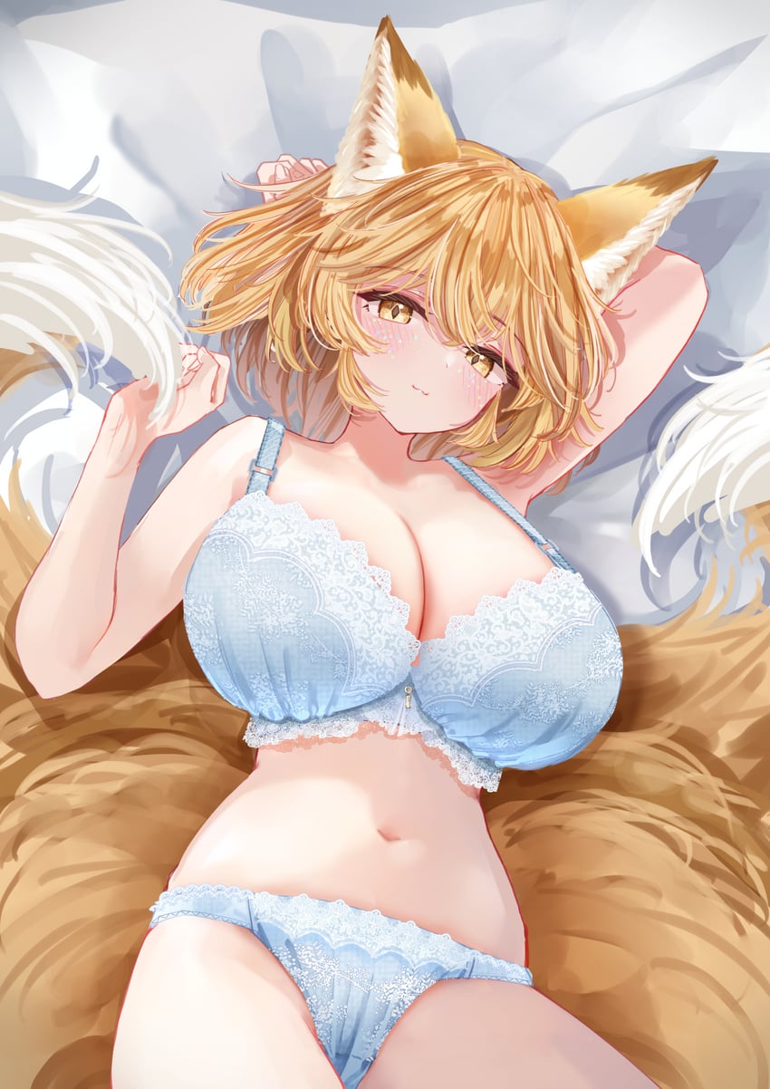 1girls :3 animal_ear_fluff animal_ears bed_sheet blonde_hair blush bra breasts cleavage closed_mouth cowboy_shot female fox_ears fox_tail highres large_breasts looking_at_viewer multiple_tails navel panties ran_yakumo sarasadou_dan short_hair smile solo tail touhou underwear underwear_only white_bra white_panties yakumo_ran yellow_eyes