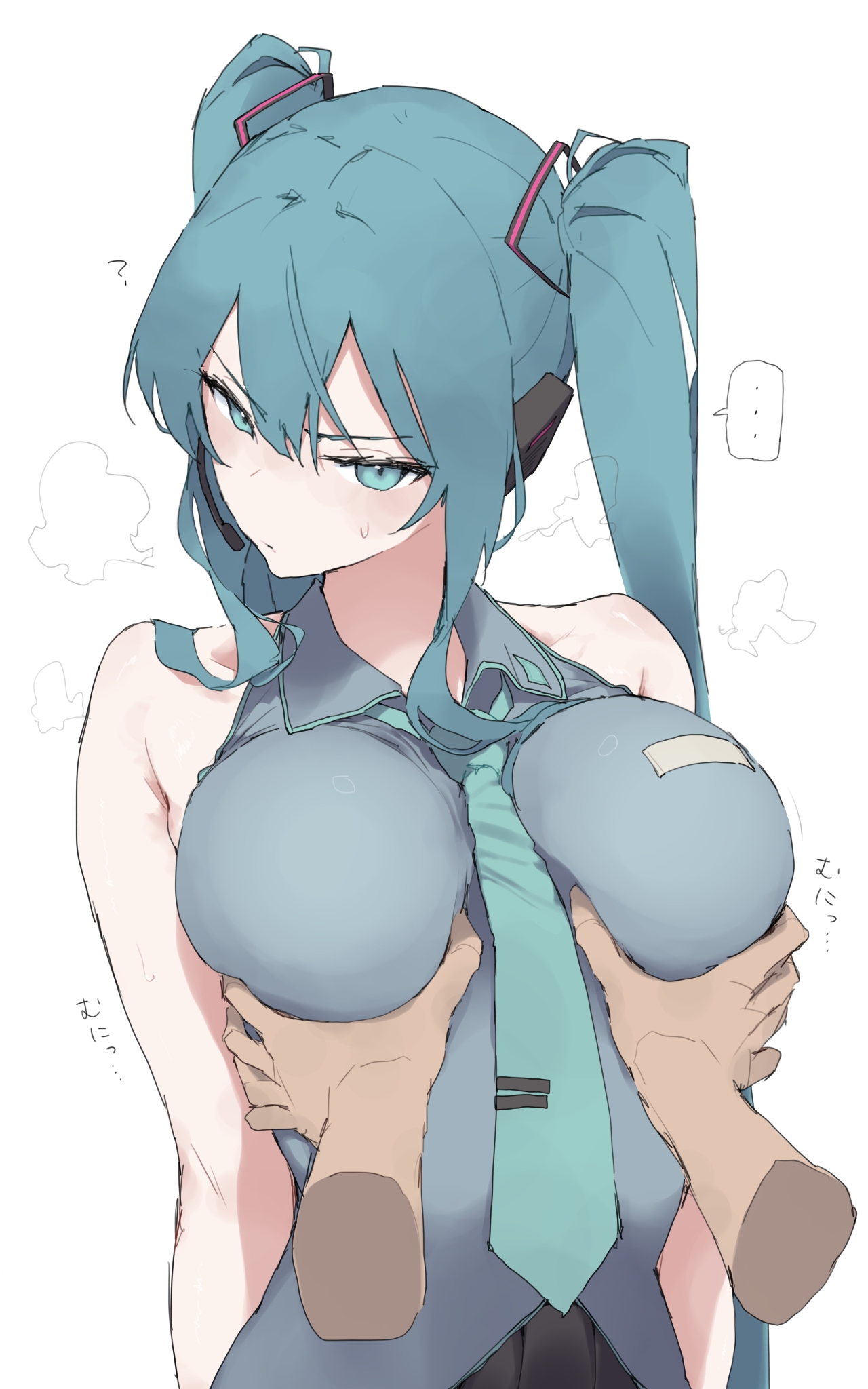 ..., 1boy, 1girl, aqua eyes, aqua hair, bare shoulders, between breasts, blue eyes, blue hair, blush, breast grab, breasts, clothed, confused, female, grabbing, grabbing breasts, groping, hatsune miku, hetero, japanese text, large breasts, long hair, looking at viewer, makkurourufu, necktie, necktie between breasts, simple background, sleeveless, solo focus, tie, twintails, upper body, vocaloid, white background
