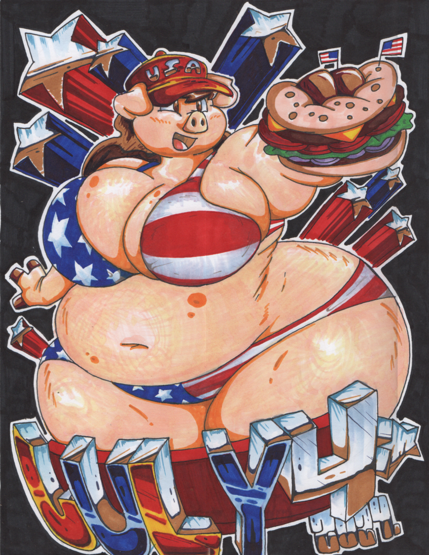 1girls 4th_of_july american_flag american_flag_bikini american_piggy_girl anthro belly bikini breasts brown_eyes brown_hair cap chubby chubby_female cleavage fat female female_focus female_only furry hamburger hat hips large_breasts pig pink_body stars stomach swine thick_thighs thighs virus-20 wide_hips