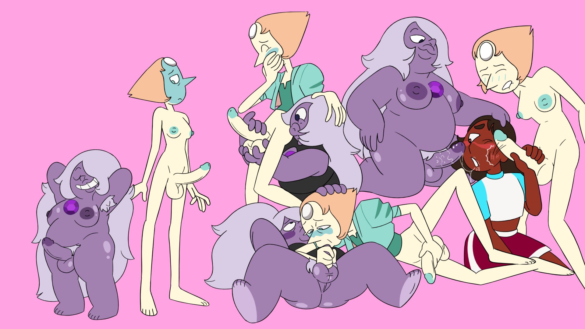1girls, 2futas, amethyst (steven universe), areolae, balls, big breasts, big penis, breasts, cartoon network, clothed, clothing, connie maheswaran, dark skin, dark-skinned female, erection, fellatio, female, fully clothed, futa on futa, futanari, gem (species), huge cock, human, humanoid, humanoid penis, intersex, jones boi, kneeling, larger futa, mature female, milf, nipples, nude, oral, pearl (steven universe), penis, smaller futa, standing, steven universe, threesome