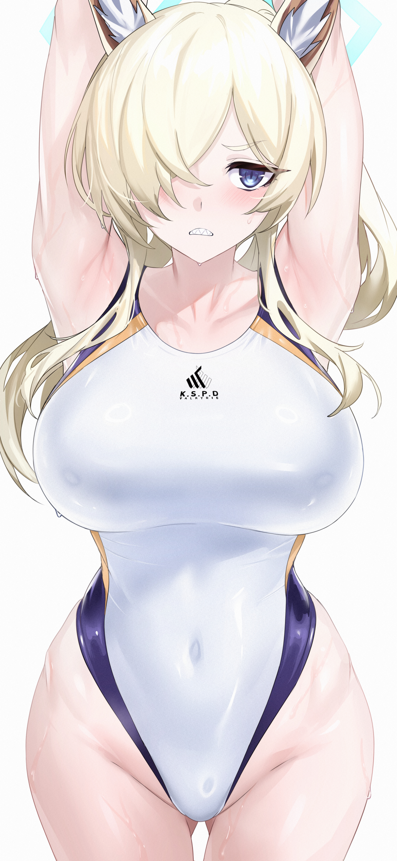 armpits, arms up, blue archive, breasts, female, frown, gluteal fold, kanna (blue archive), kanna (swimsuit) (blue archive), large breasts, large hips, nipples visible through clothing, official alternate costume, one-piece swimsuit, sharp teeth, shiny skin, valkyrie police school student, wet, wide hips