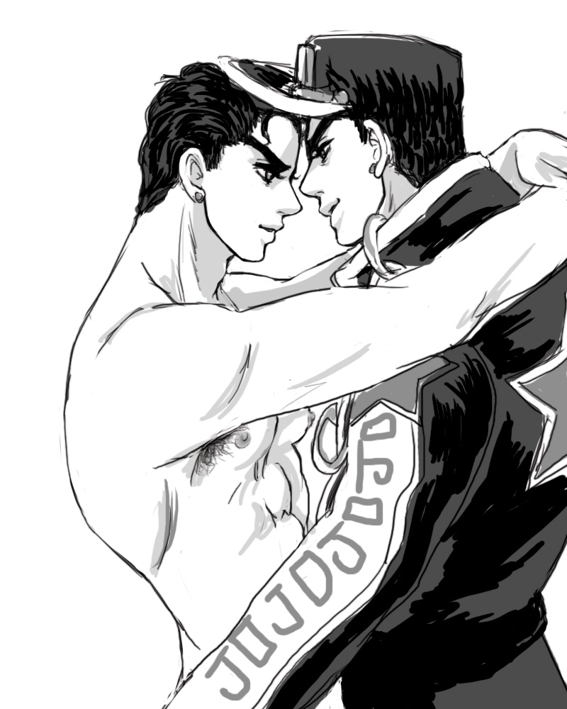 2boys armpit_hair black_hair gay jojo's_bizarre_adventure jotaro_kujo looking_at_another male male/male male_only no_bra stardust_crusaders stone_ocean yaoi