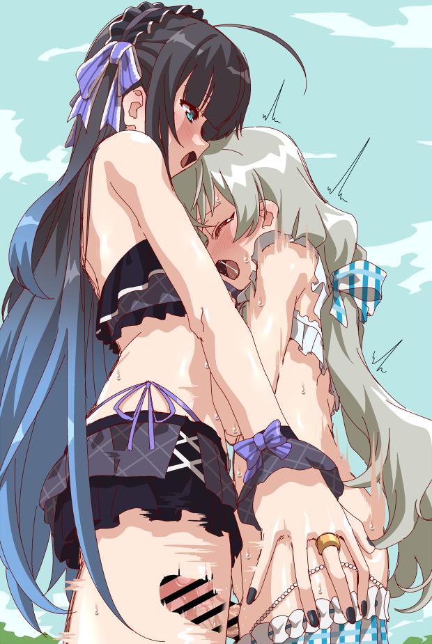 1futa 1girls ahoge assault_lily bar_censor bikini bikini_skirt black_bikini black_hair black_hairband black_nails blue_eyes blue_hair breasts censored clothed clothing duo erection female from_side futa_on_female futa_with_female futanari gradient_hair green_hair grey_hair hair_ribbon hairband human jewelry kanabako_misora light-skinned_female light-skinned_futanari light_skin long_hair mostly_nude mototenn mozuna_noa multicolored_hair multiple_girls open_mouth penis purple_ribbon ribbon ring smile standing sweat swimsuit thigh_sex wrist_cuffs x-ray