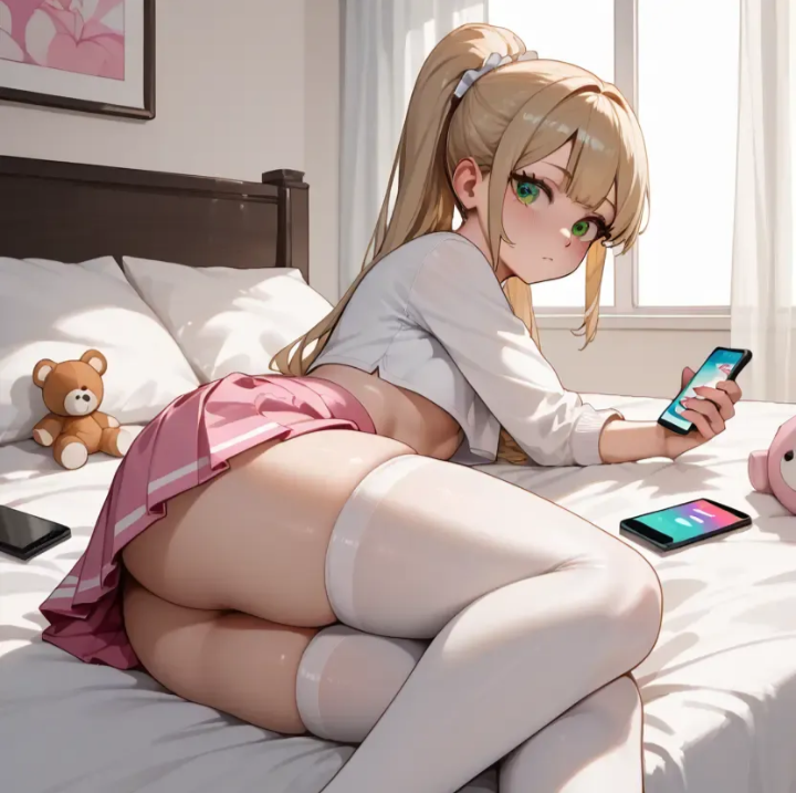 ai_assisted ai_generated bed bedroom blonde_female blonde_hair female green_eyes holding_object holding_phone little_girl no_panties phone pink_skirt thighhighs white_thighhighs white_topwear younger_female