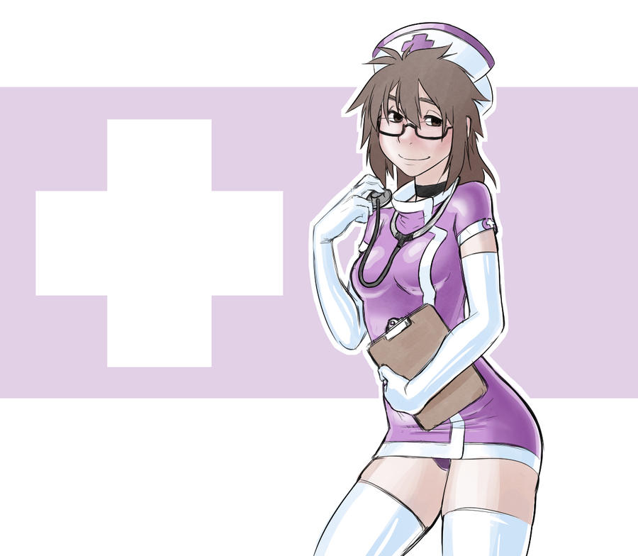 1girls black_eyes breasts brown_hair choker clipboard dress elbow_gloves glasses gloves holding_clipboard looking_at_viewer medium_breasts nurse nurse_cap nurse_uniform original panties purple_dress purple_panties shio-bari short_dress short_hair stethoscope thighhighs