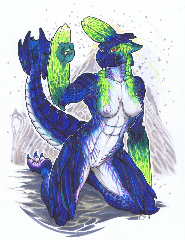 2013 abs abstract_background anthro blue_claws blue_scales brachydios breasts brute_wyvern cracks female fist glowing green_nails green_scales horn iggi kneeling monster_hunter muscles muscular_female nude pussy raised_arm red_eyes solo spiked_tail spikes video_games volcano white_nipples white_scales wings wyvern yellow_scales