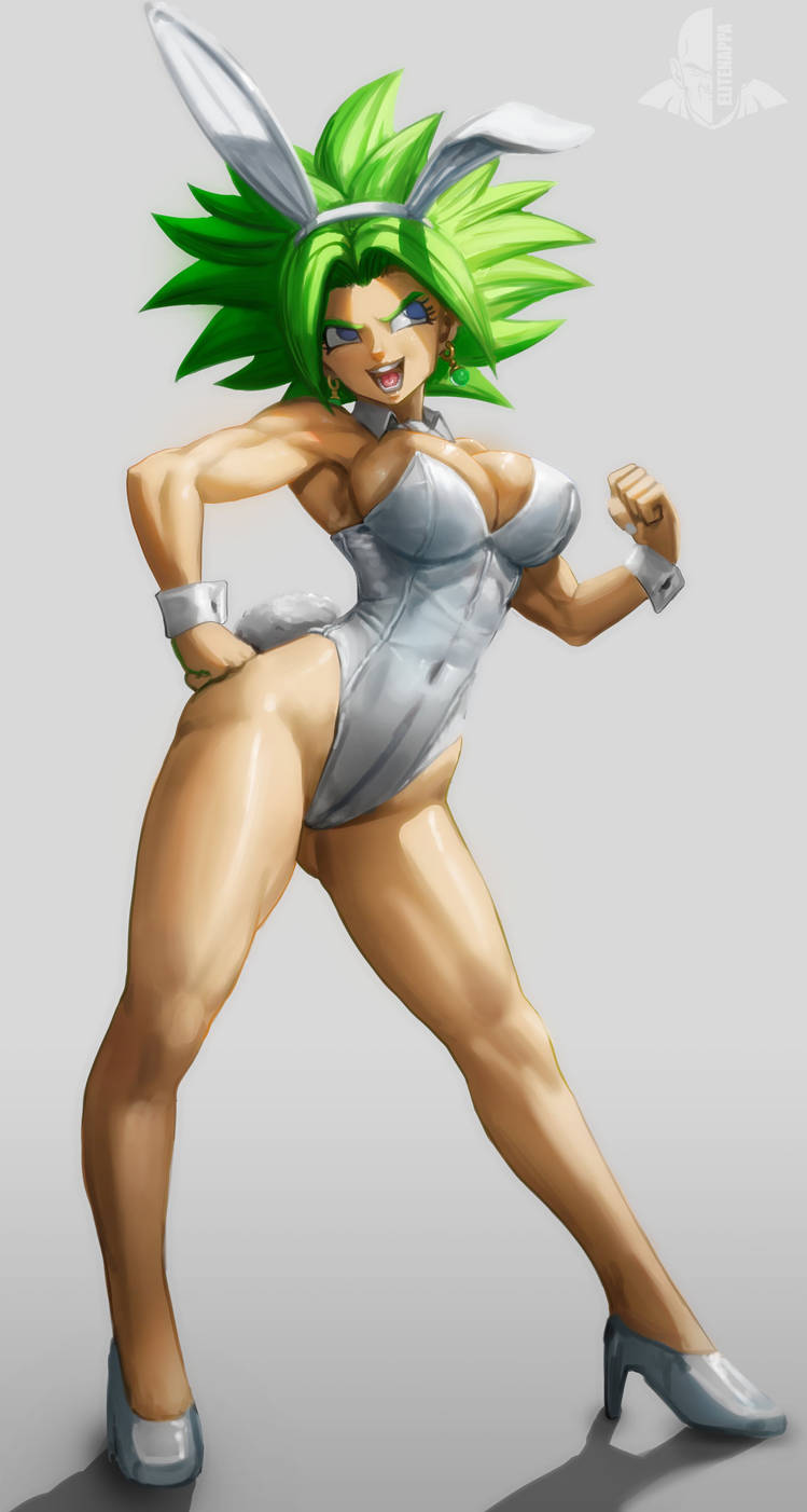 1girls blue_eyes breasts bunny_ears bunny_tail detached_collar dragon_ball dragon_ball_super earrings elitenappa fake_animal_ears fake_tail fusion fusion_character green_hair hand_on_hip high_heels highleg highleg_leotard kefla large_breasts legendary_super_saiyan leotard playboy_bunny potara_earrings spiky_hair super_saiyan super_saiyan_2 white_leotard wrist_cuffs