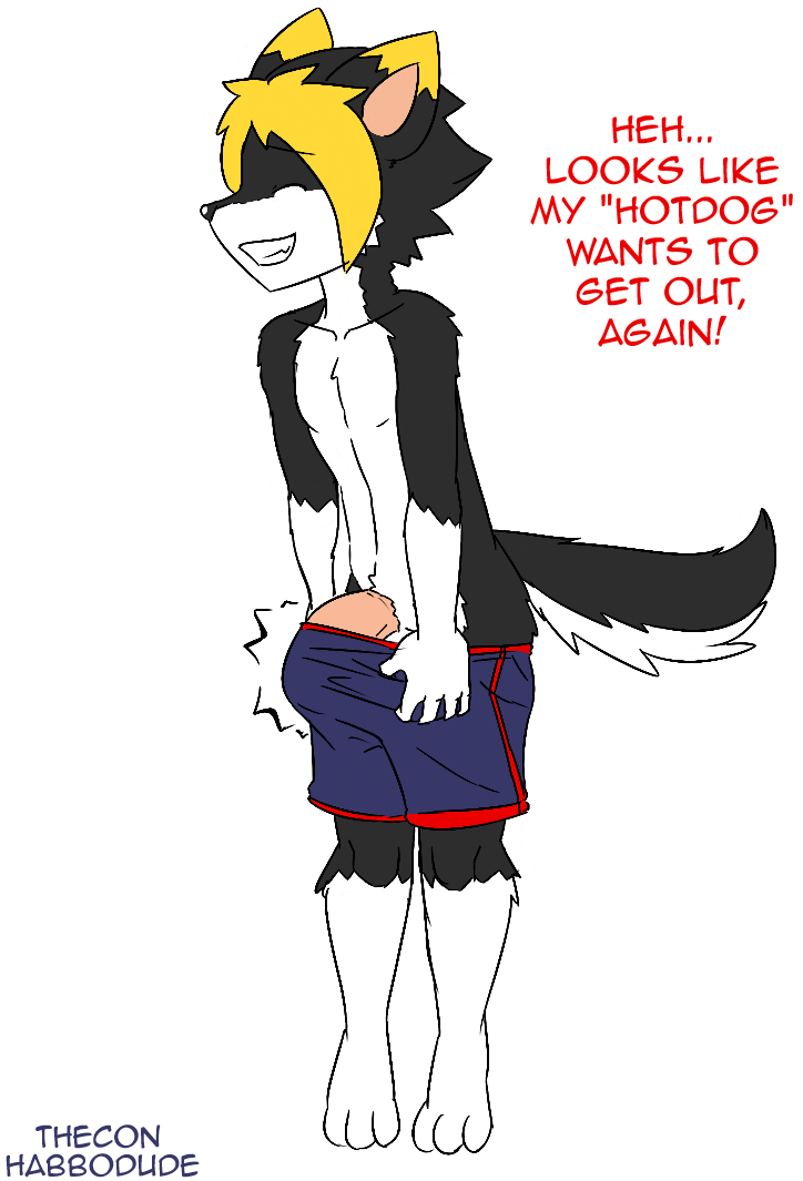 1boy anthro bulge canine closed_eyes duke_(thecon) english_text erection habbodude male male_only penis smile solo text thecon two_tone_hair undressing