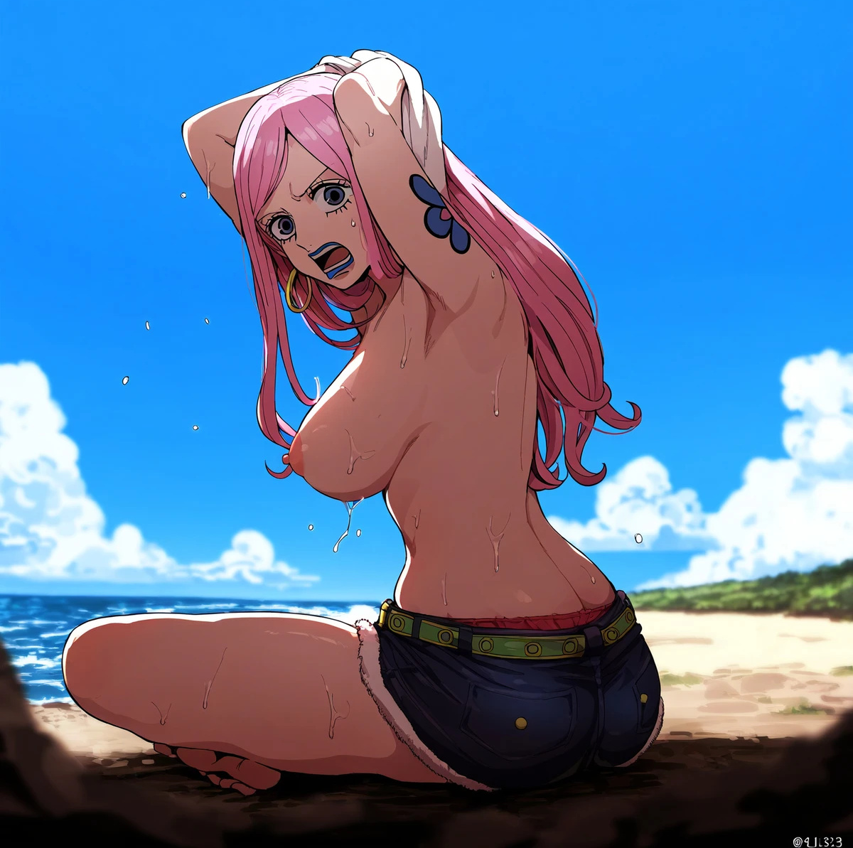 aged up, ai generated, areolae, arm tattoo, artist request, back view, backboob, bare legs, big breasts, breasts, exposed breasts, female, female only, huge breasts, jewelry bonney, large breasts, light skin, light-skinned female, long hair, looking back, nipples, one piece, one piece: egghead arc, pink hair, purple eyes, short shorts, solo female, stable diffusion, tattoo, thick thighs, thighs, voluptuous, voluptuous female