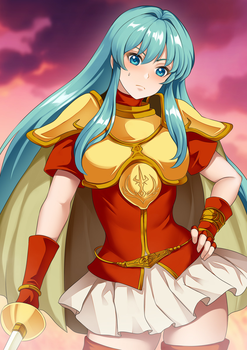 1girls aqua_hair armor bare_arms bare_thighs belt blue_eyes blue_hair boots breastplate breasts cape eirika_(fire_emblem) female female_only fingerless_gloves fire_emblem fire_emblem:_the_sacred_stones frown gloves hand_on_own_hip haryudanto holding holding_weapon long_hair looking_down medium_breasts miniskirt nintendo outdoors shirt short_sleeves shoulder_pads skirt solo steam sunset sweatdrop sword thick_thighs thigh_boots thighs very_long_hair weapon