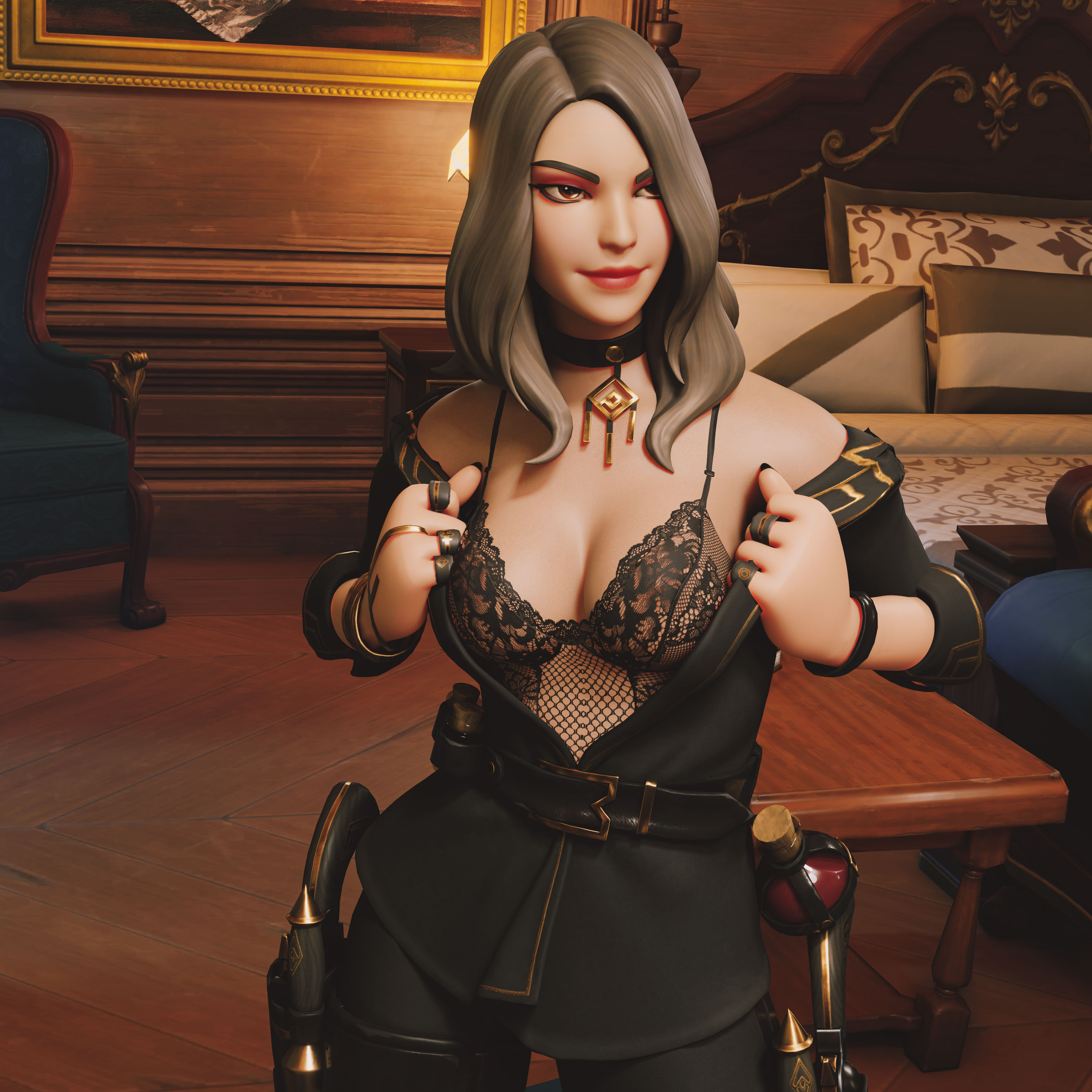 3d, big breasts, black lingerie, breasts, female, fortnite, lingerie, macklesternsfw, pulling clothing, stripping, victoria saint