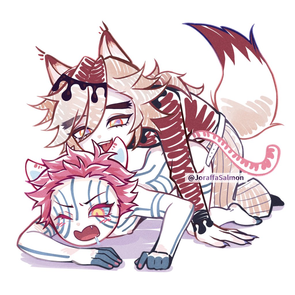 akaza_(kimetsu_no_yaiba) cat_ears cat_tail demon_slayer douma fur joraffasalmon kimetsu_no_yaiba striped_body stripes wolf_ears wolf_tail