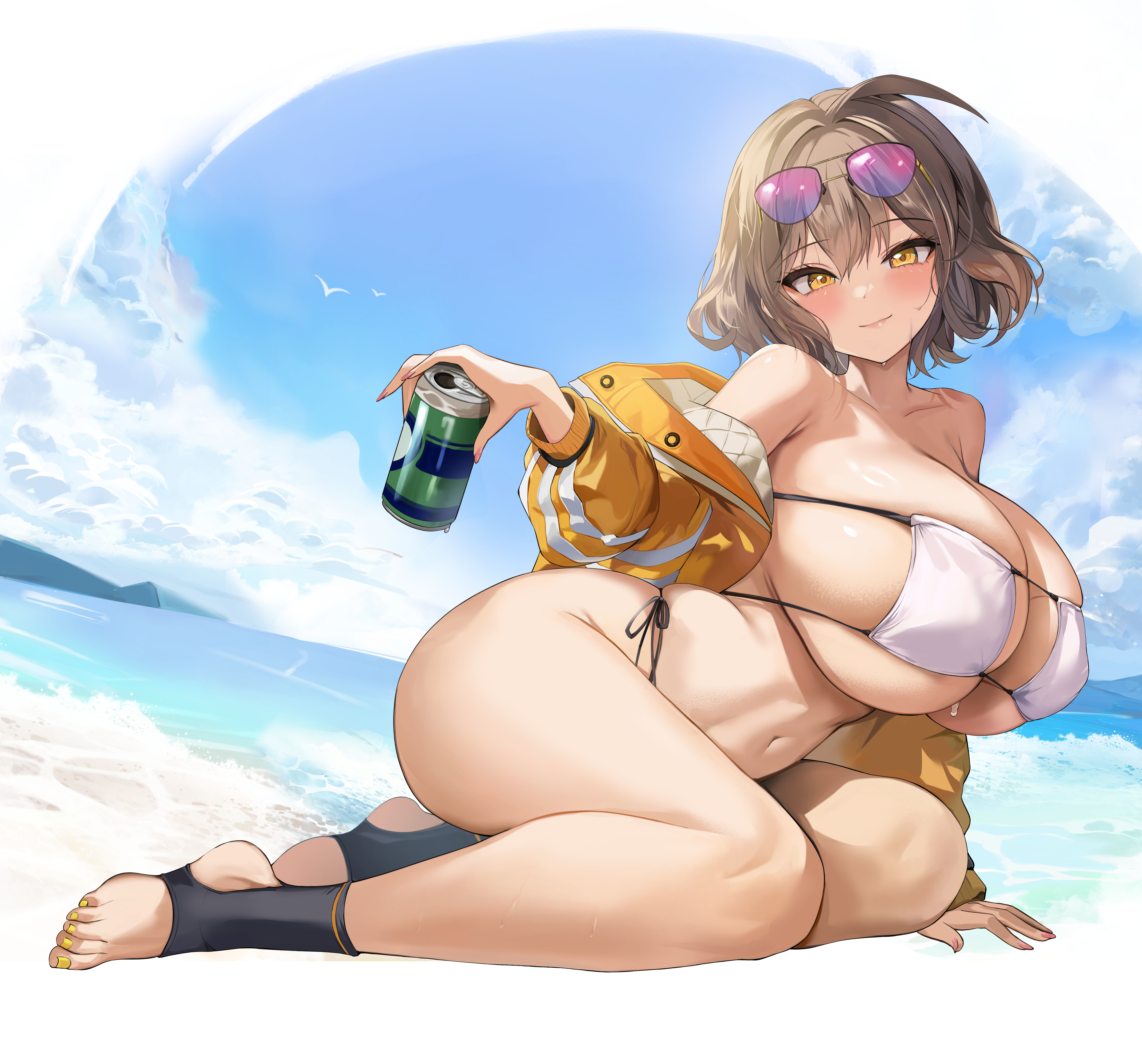 absurdres, anis (nikke), anis (sparkling summer) (nikke), bare shoulders, bikini, blush, breasts, brown hair, can, closed mouth, commentary, english commentary, eyepatch bikini, eyewear on head, female, female only, full body, goddess of victory: nikke, hido (cherryhido), highres, holding, holding can, huge breasts, jacket, long sleeves, mixed-language commentary, nail polish, navel, official alternate costume, outdoors, revision, short hair, side-tie bikini bottom, skindentation, smile, solo, stirrup footwear, sunglasses, swimsuit, thick thighs, thighs, underboob, water, yellow eyes, yellow jacket, yellow nails